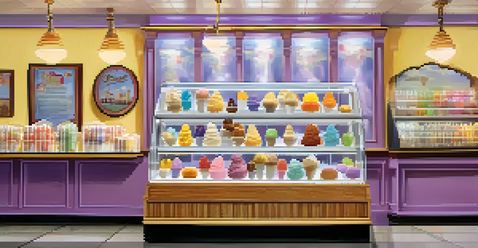 An ice cream shop showcasing a selection of colorful and unique ice cream flavors in a glass display.