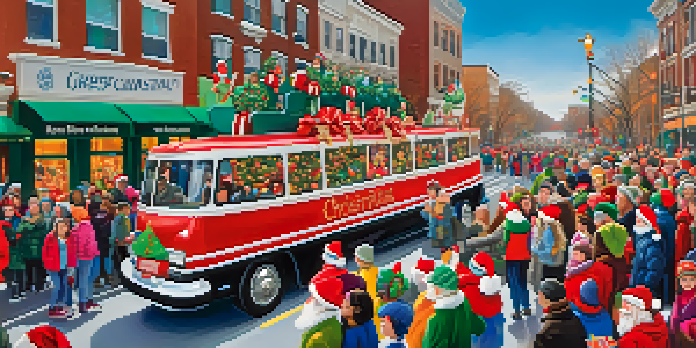 A busy parade scene filled with colorful floats, families celebrating the holiday season, and Santa Claus waving to the crowd, set against a bright blue sky.