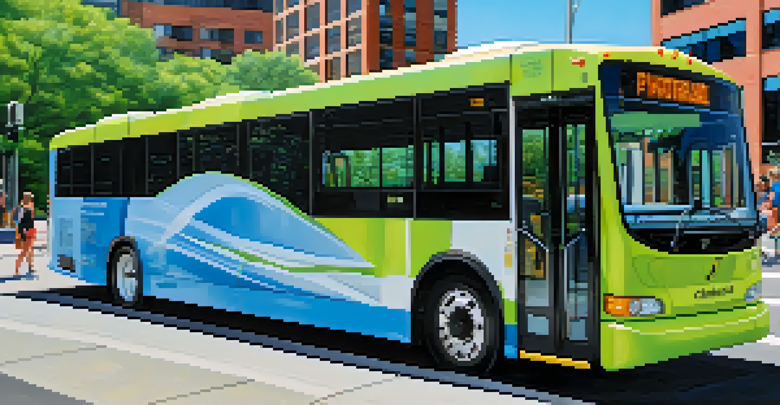 A modern hybrid bus in Charlotte, with tall buildings and greenery around it, featuring digital arrival information displays and people boarding.