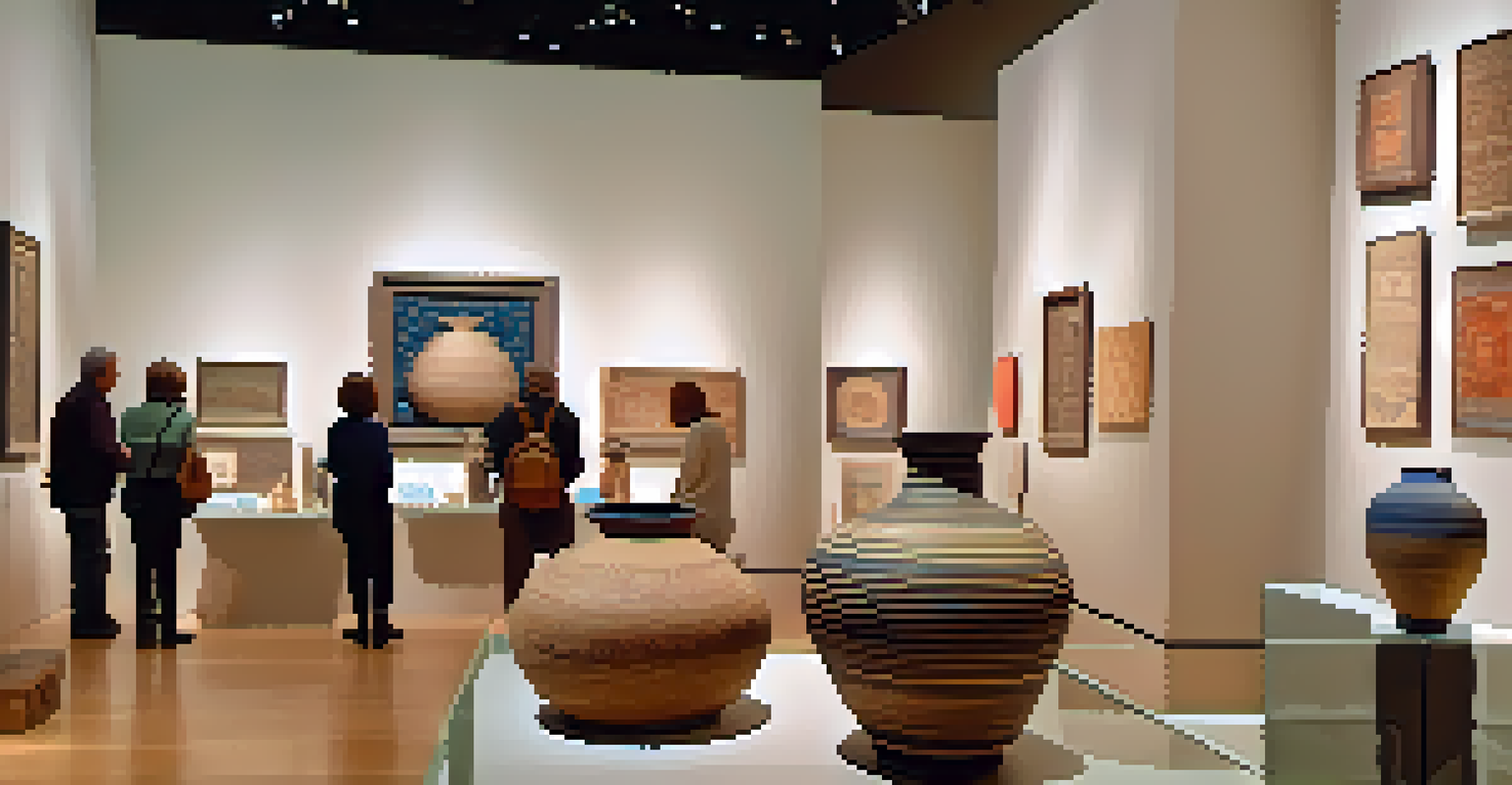 Artisan market at the Mint Museum showcasing handmade pottery and textile art with visitors engaging in the experience.