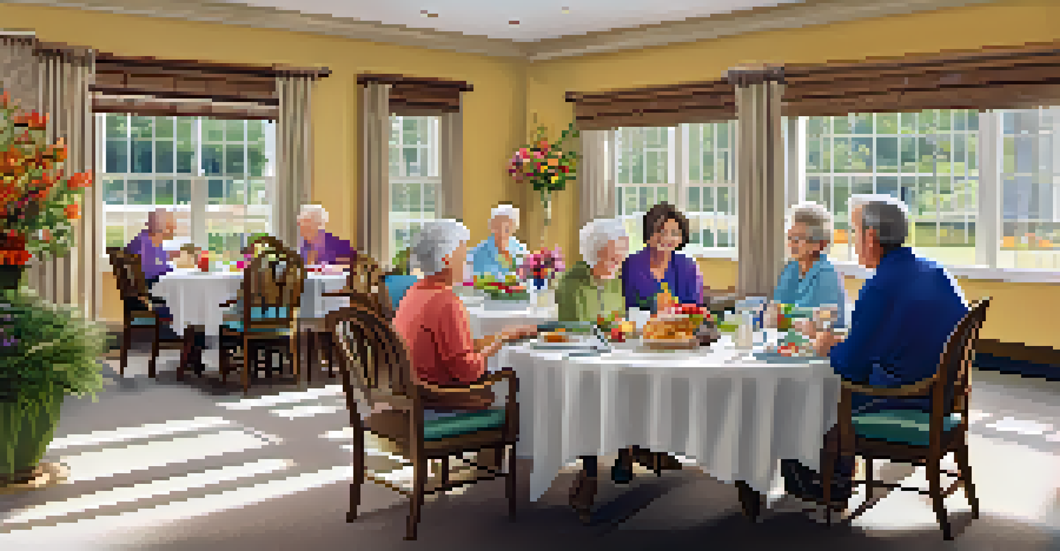 A warm dining area in an assisted living facility with seniors enjoying lunch together and a staff member serving food.