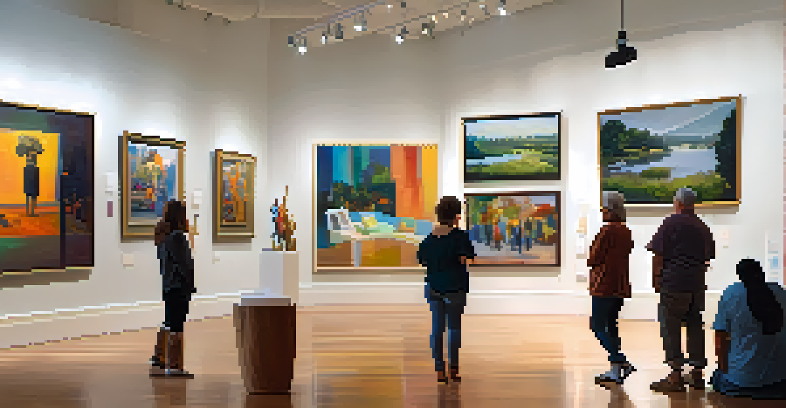 An inviting community gallery in Charlotte, showcasing local artwork with bright natural light and visitors admiring the pieces.