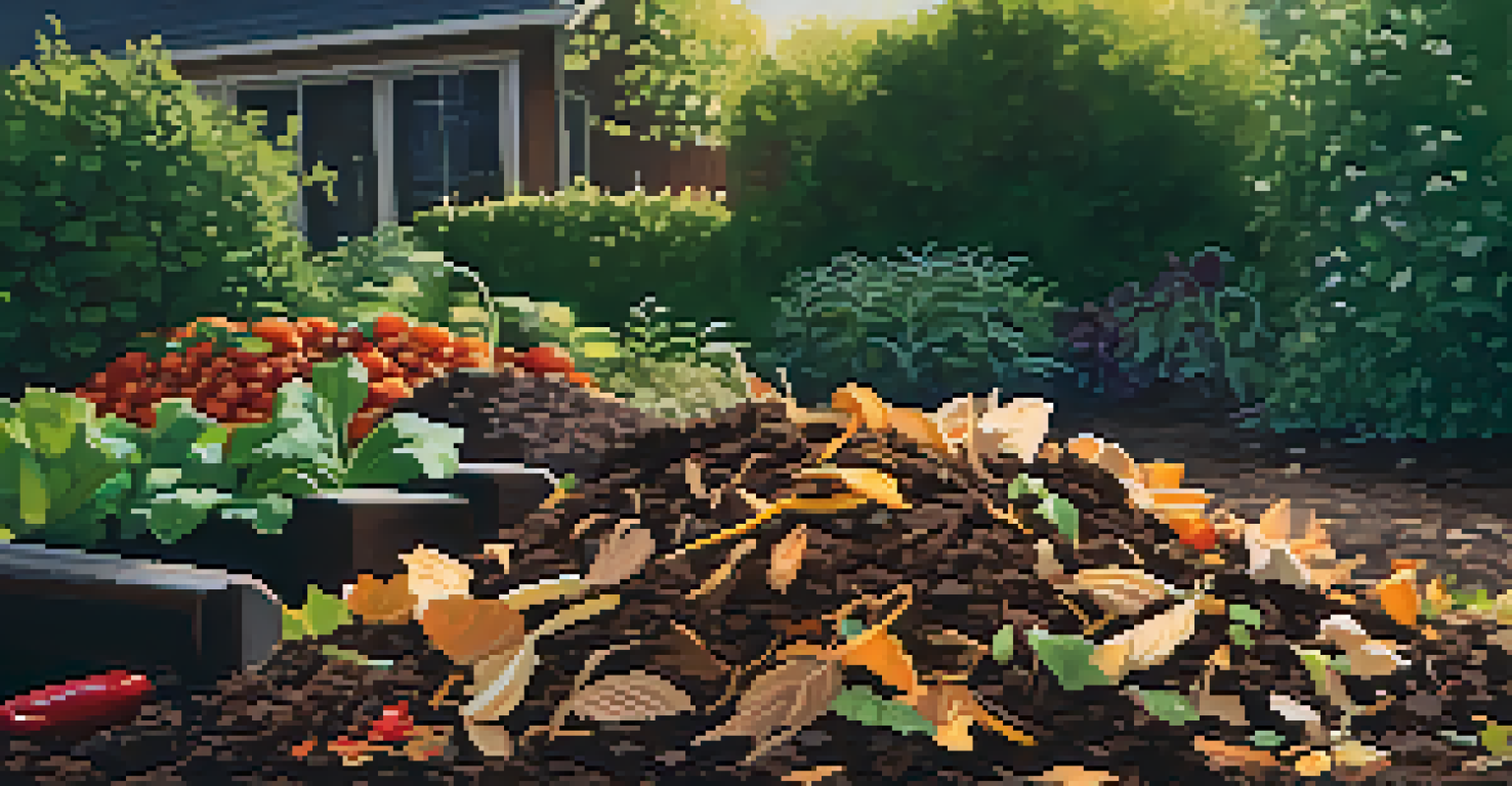 A close-up of a compost pile with vegetable scraps and dark soil in a vibrant garden.
