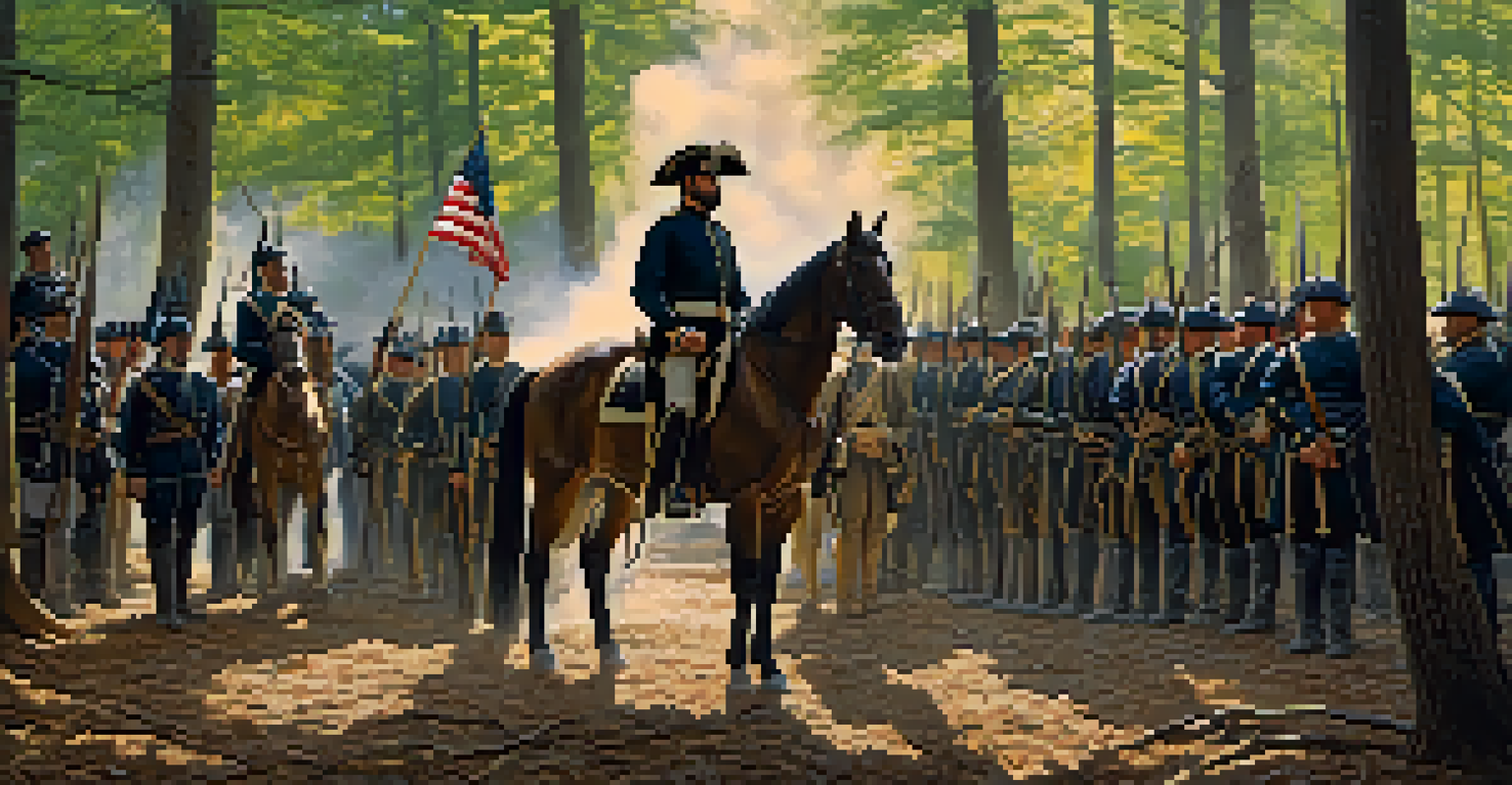 General William Lee Davidson on horseback addressing local militia members in a wooded area during the Battle of Charlotte.