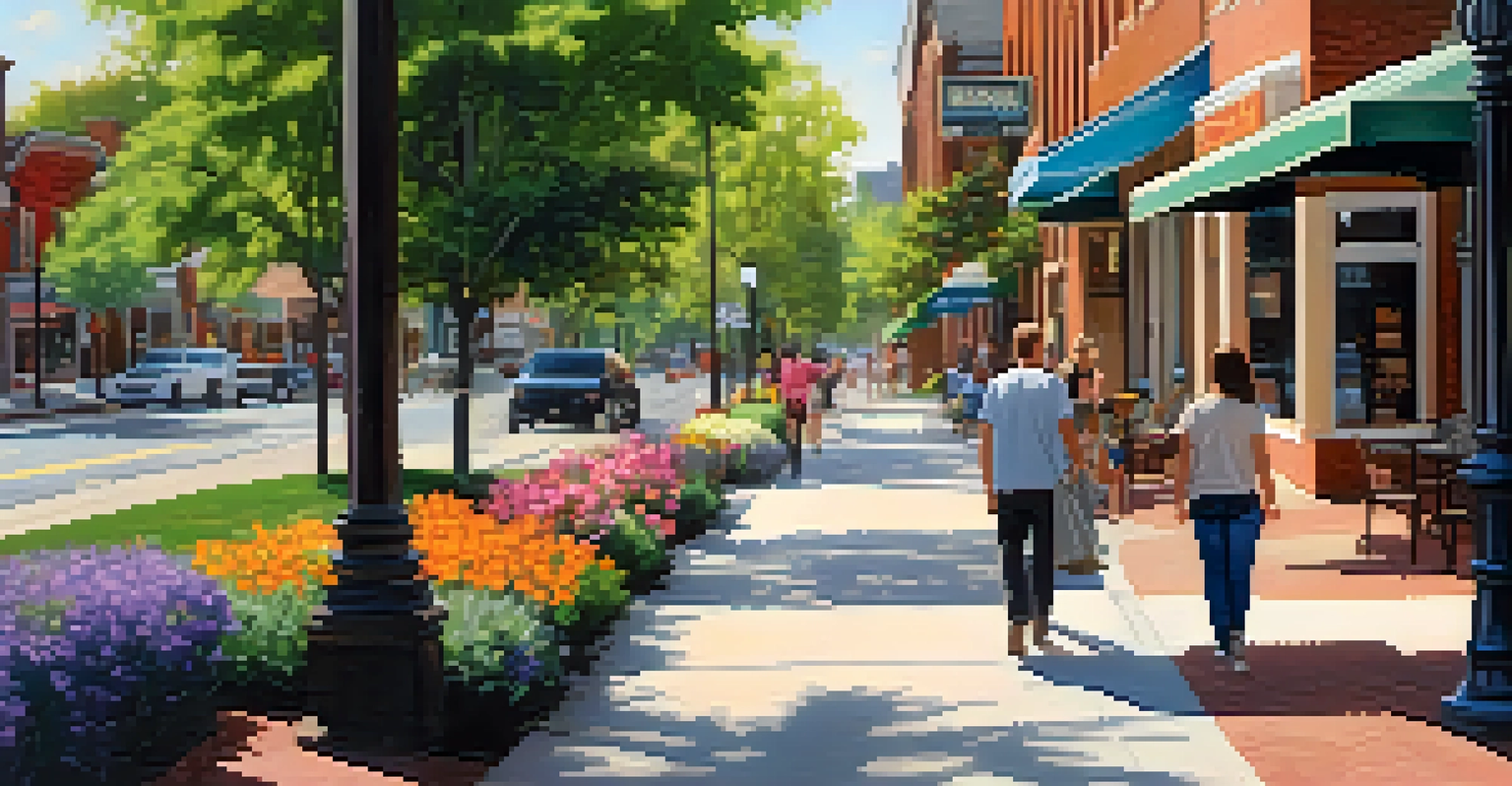 A vibrant neighborhood sidewalk in Charlotte with people walking, cafes, and shops surrounded by flowers and trees on a sunny afternoon.