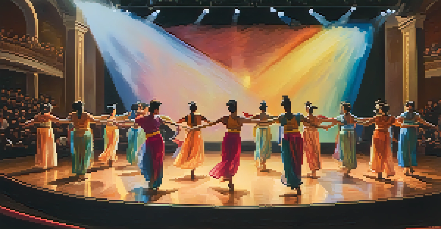 An intimate dance performance at the Knight Theater with colorful costumes and an engaged audience in warm lighting.