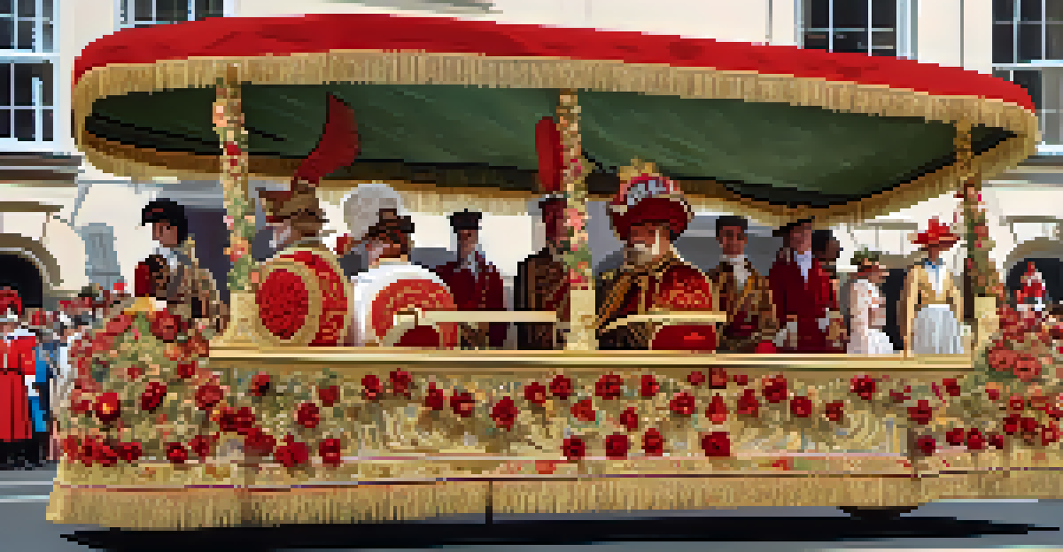 A detailed view of a decorated float at the Queen Charlotte's Birthday Parade with floral designs and participants in historical costumes.