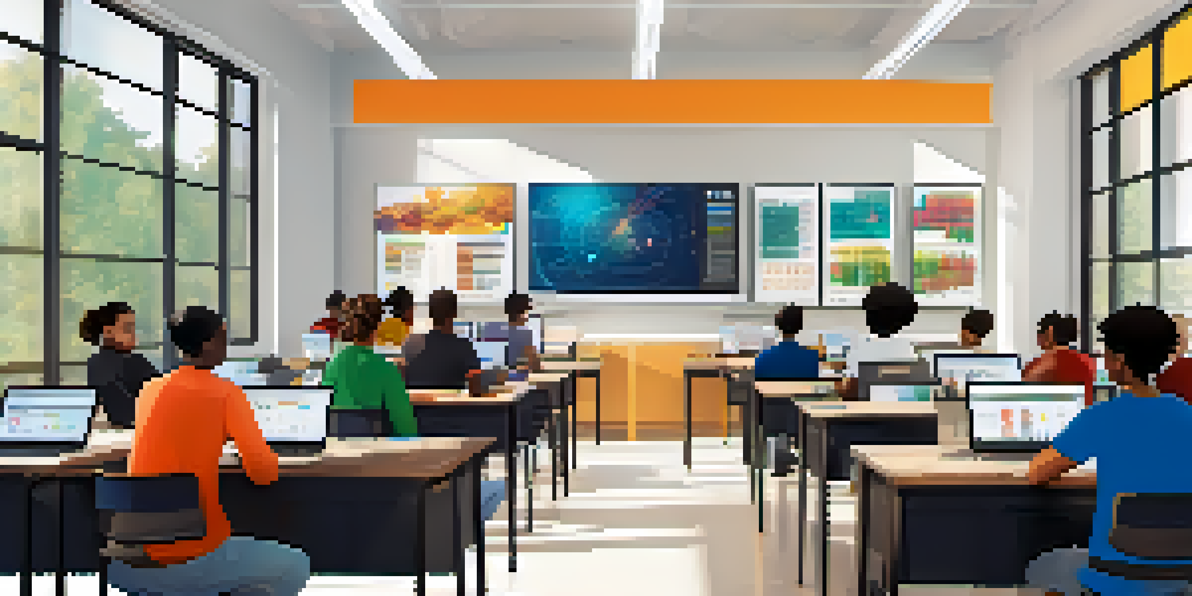 A vibrant classroom where diverse students participate in a technology workshop, with laptops and educational posters around them.