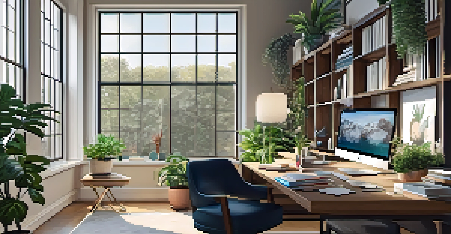 A well-designed home office with a spacious desk, natural light, and modern decor, ideal for remote work.