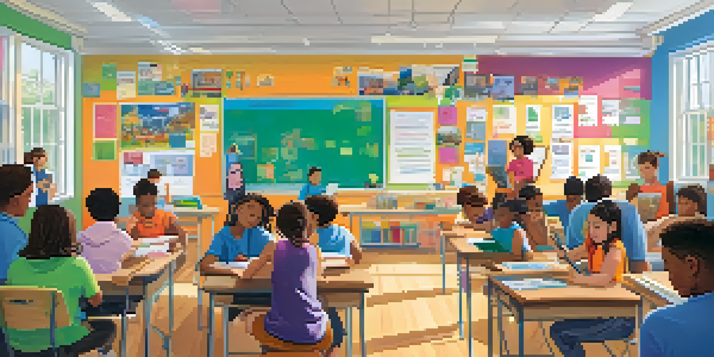 A diverse group of students working together on a project in a bright classroom filled with educational materials.