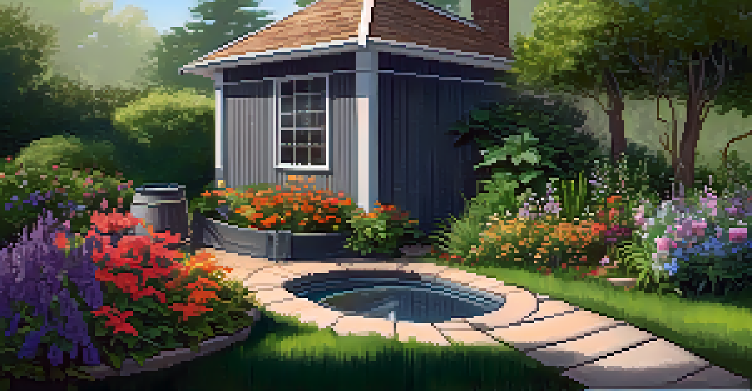 A rainwater harvesting barrel in a lush garden, surrounded by plants and flowers, under soft sunlight.