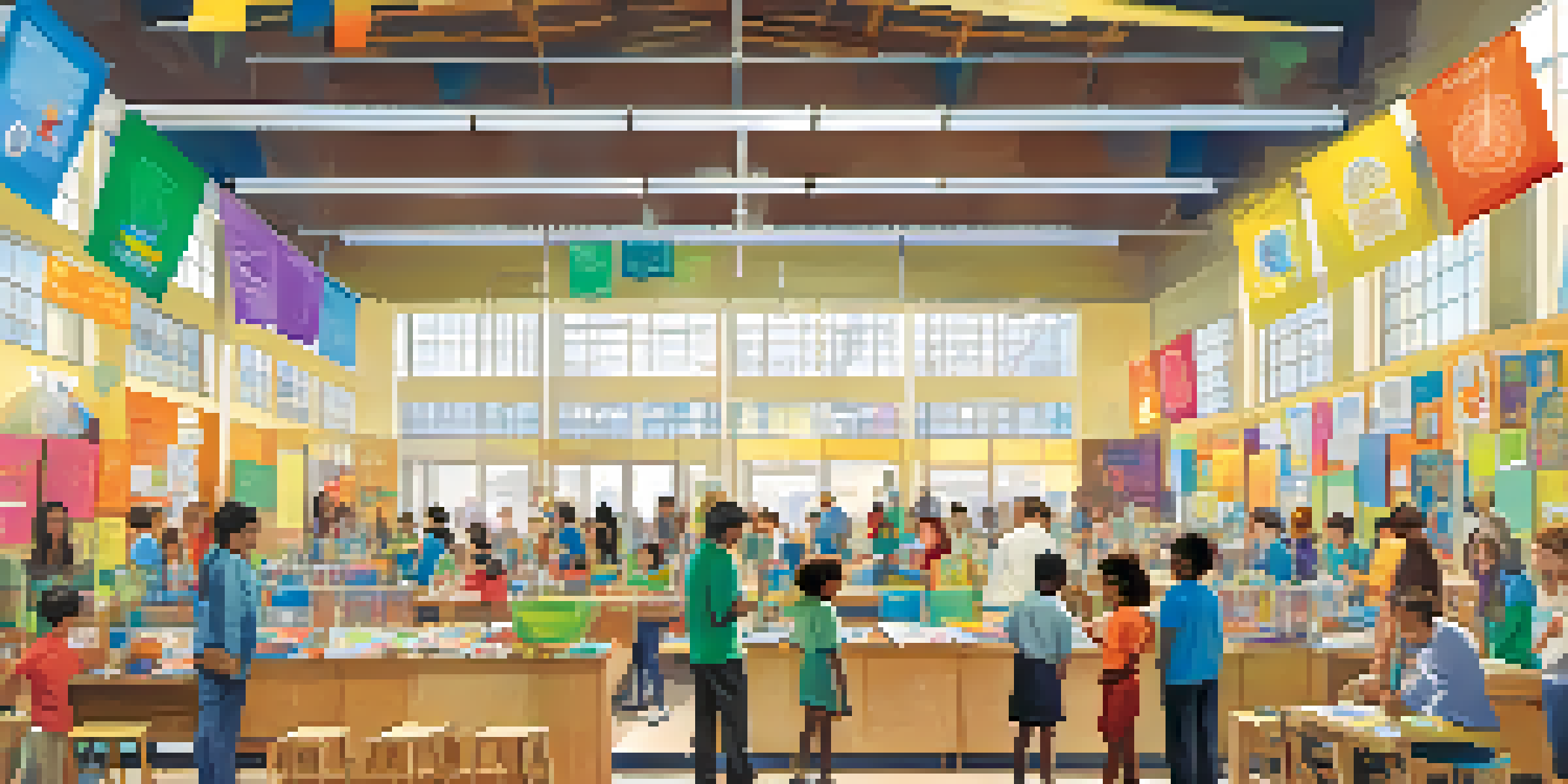 A lively school science fair with children showcasing colorful projects, parents observing, and bright decorations in a well-lit gymnasium.