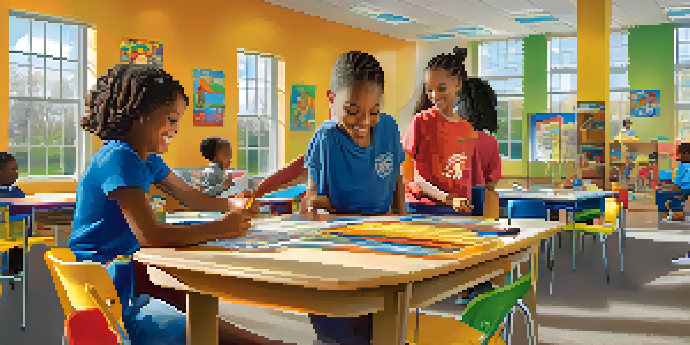 A lively scene of children participating in various activities at an after-school program, with bright colors and warm sunlight illuminating their joyful interactions.
