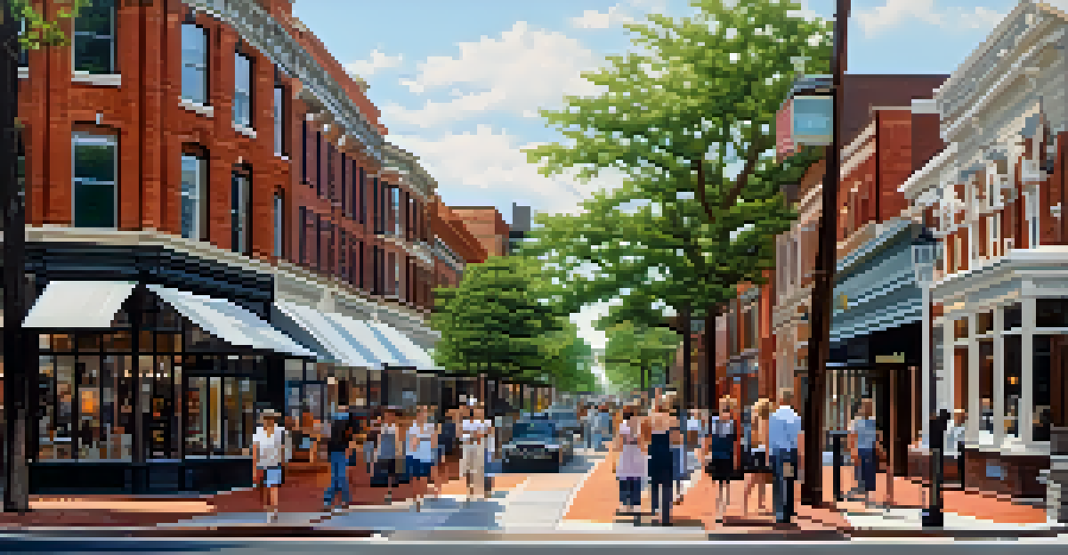 A historical street scene in Charlotte showcasing old brick buildings alongside modern glass architecture with people walking.