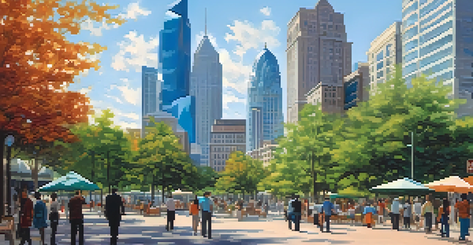 A lively city scene in Charlotte with skyscrapers, people walking, and green trees.
