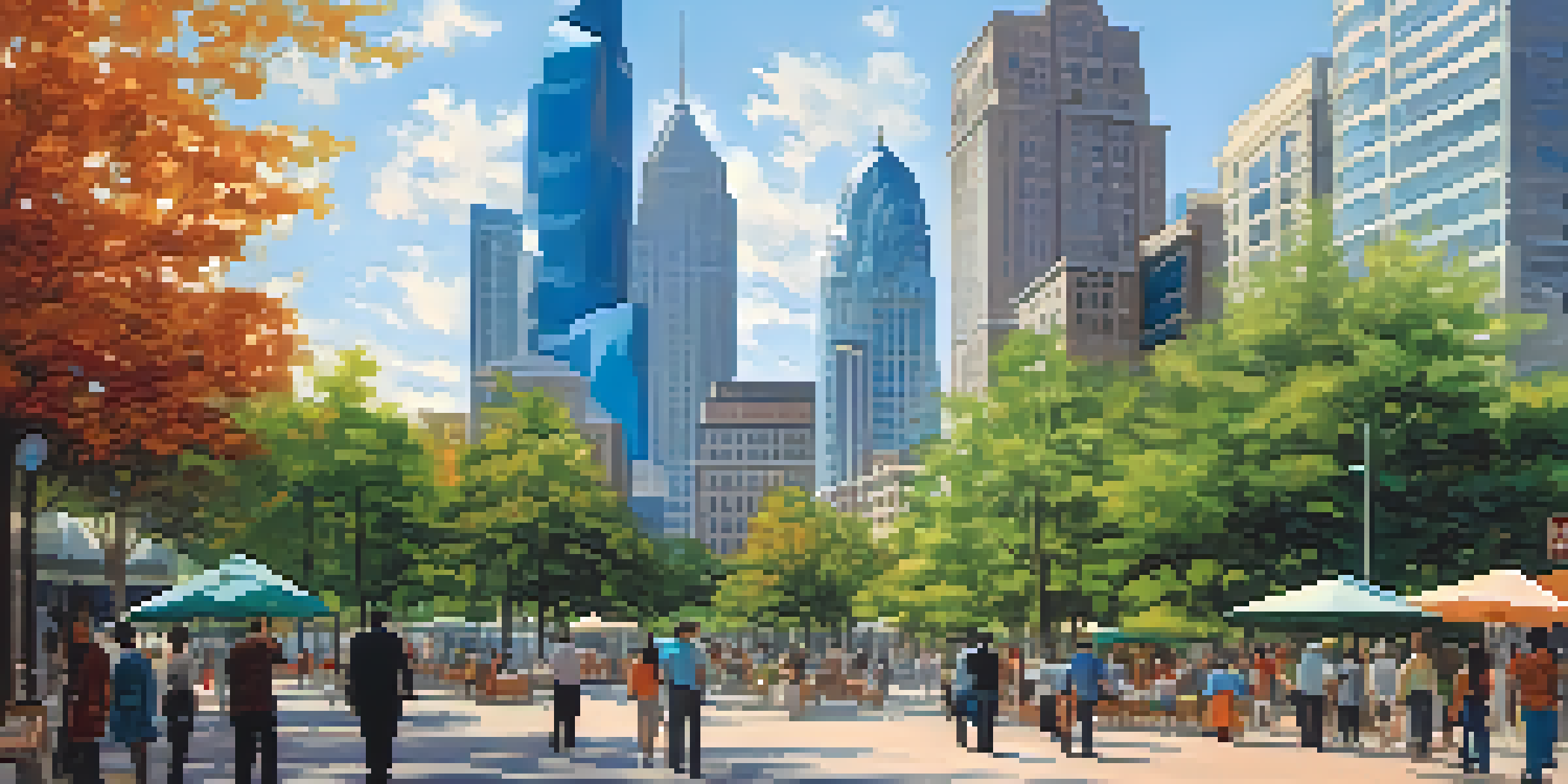 A lively city scene in Charlotte with skyscrapers, people walking, and green trees.