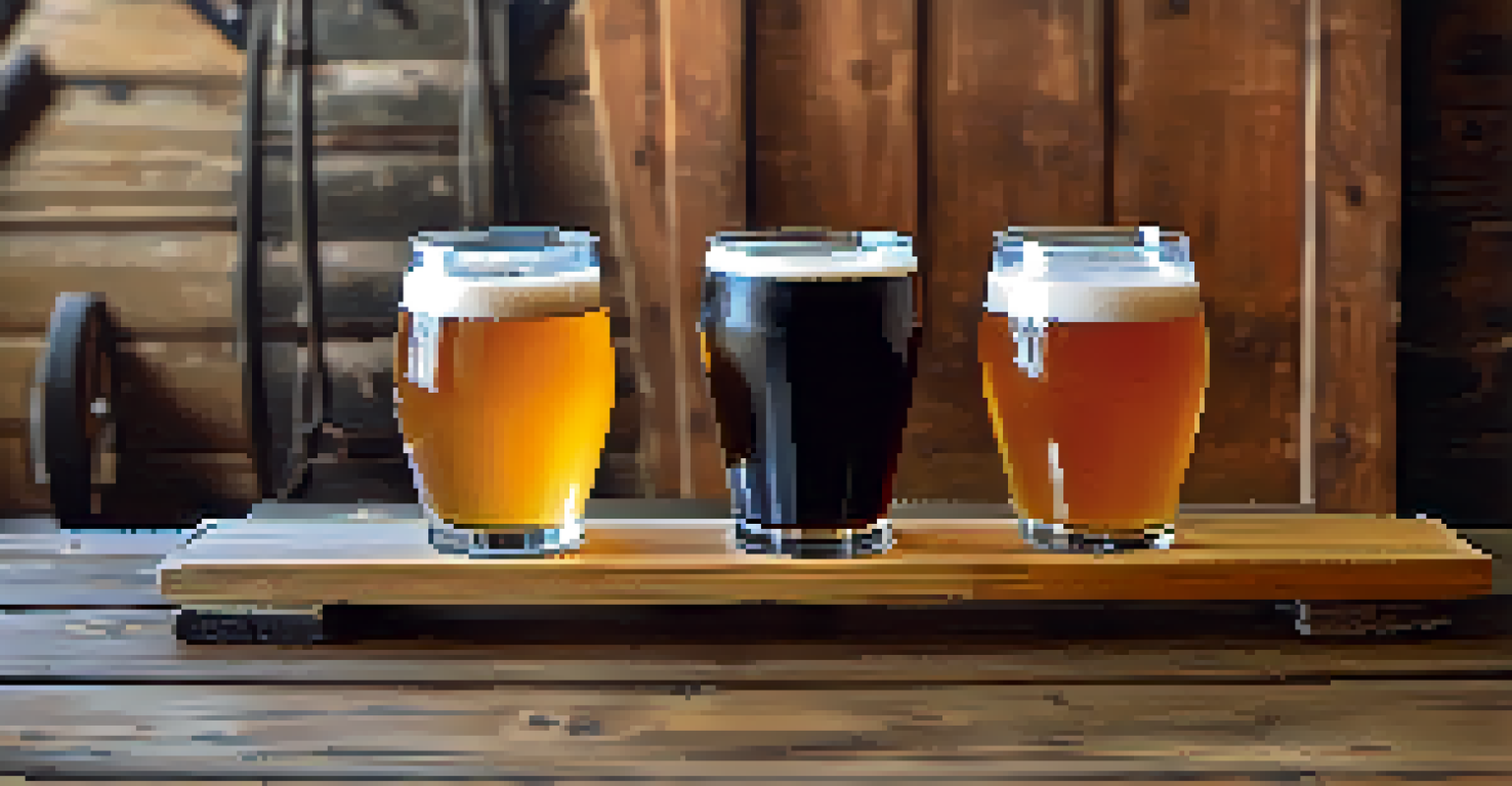 A craft beer flight with a variety of beers including a blonde ale, stout, and IPA on a wooden table.