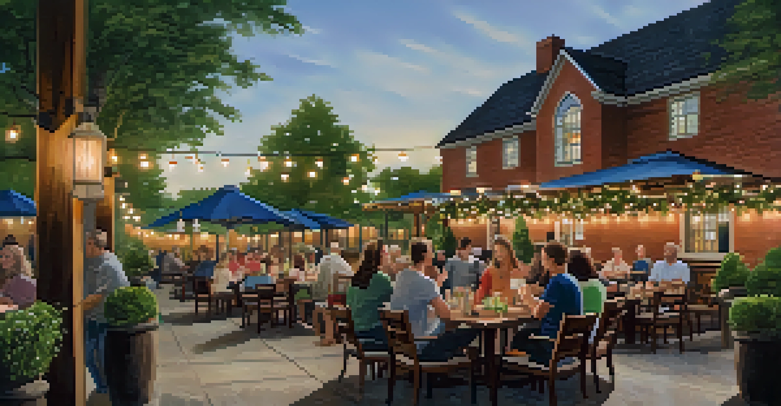 An outdoor patio scene at The Olde Mecklenburg Brewery, featuring diners enjoying drinks and food amidst lush greenery and string lights.