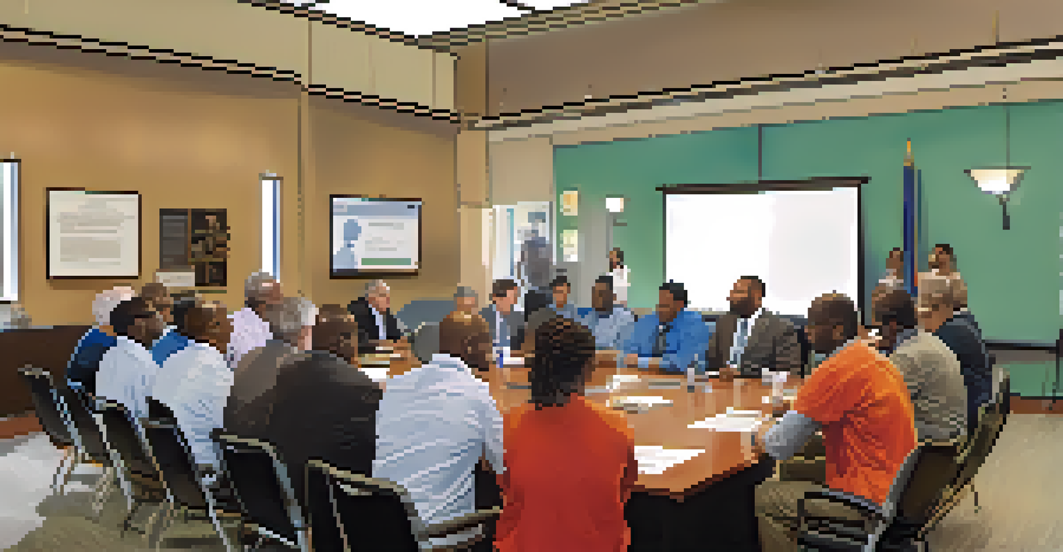 A diverse group of representatives from various sectors gathered in a conference room discussing workforce development strategies.