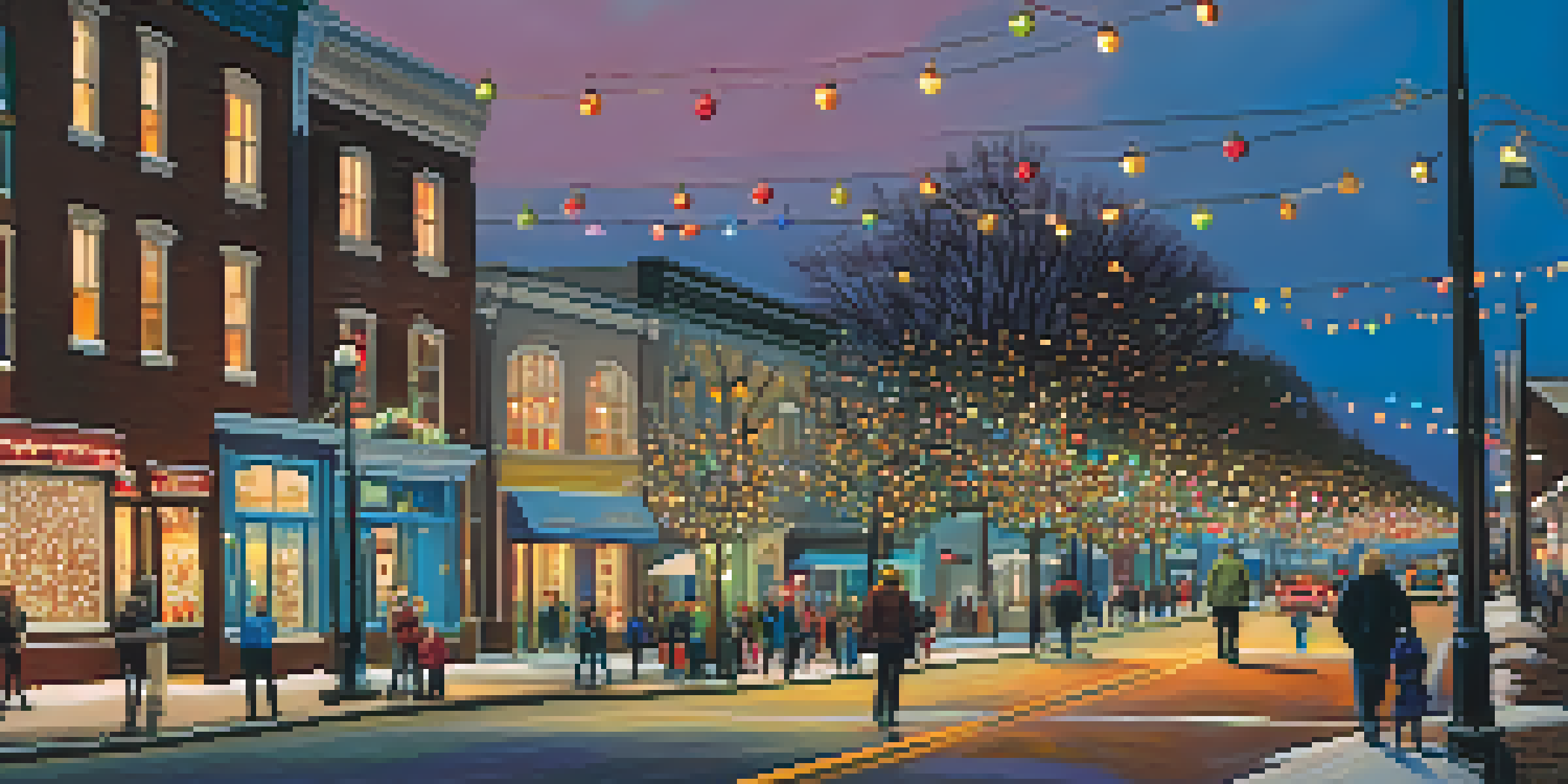 A vibrant street scene in Charlotte decorated with colorful holiday lights, featuring families and couples enjoying the festive ambiance.