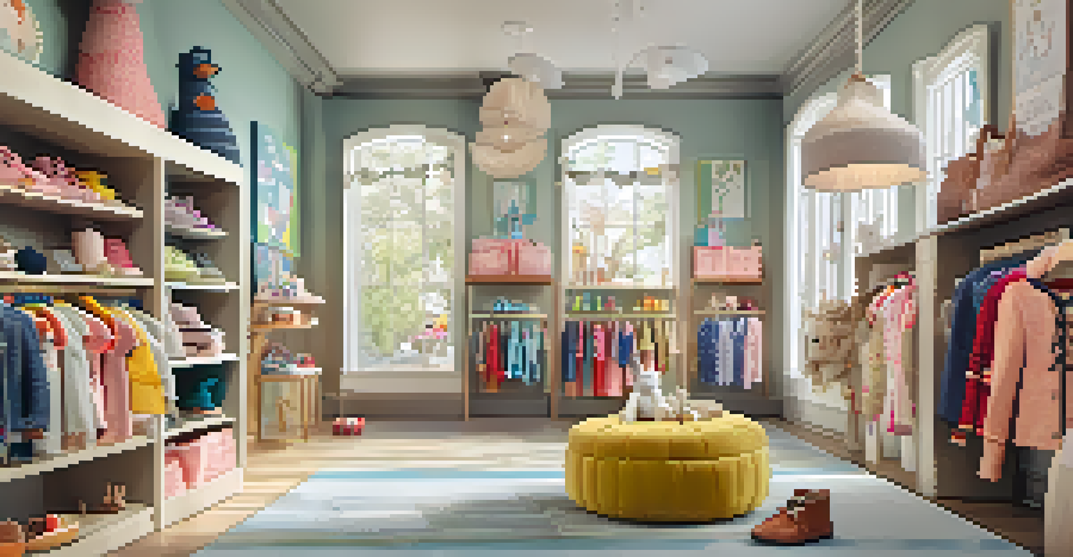 A cozy boutique corner displaying trendy kidswear with colorful outfits and accessories.