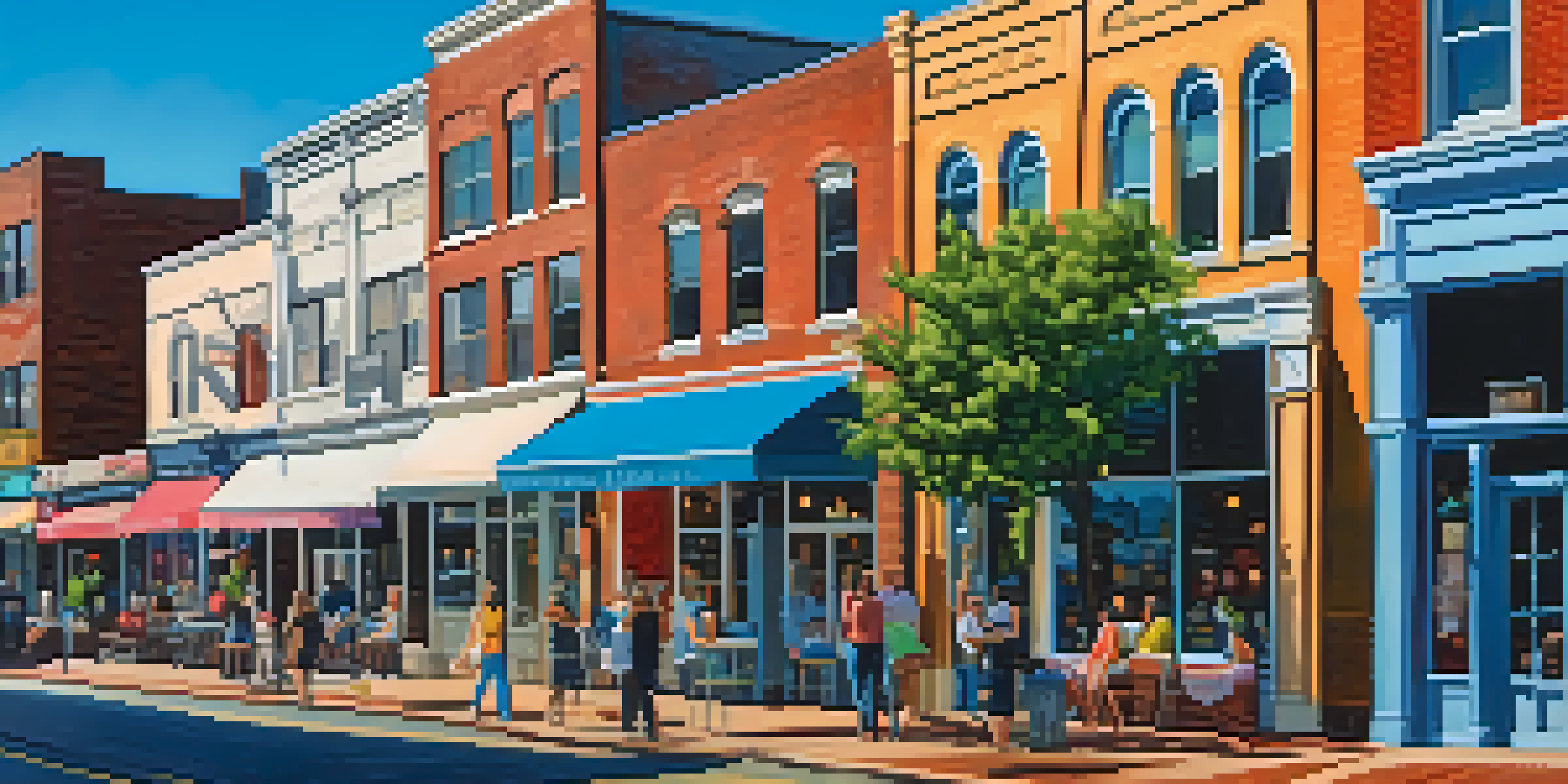 A busy street in South End, Charlotte, filled with colorful shops, cafes, and pedestrians enjoying the sunny day.