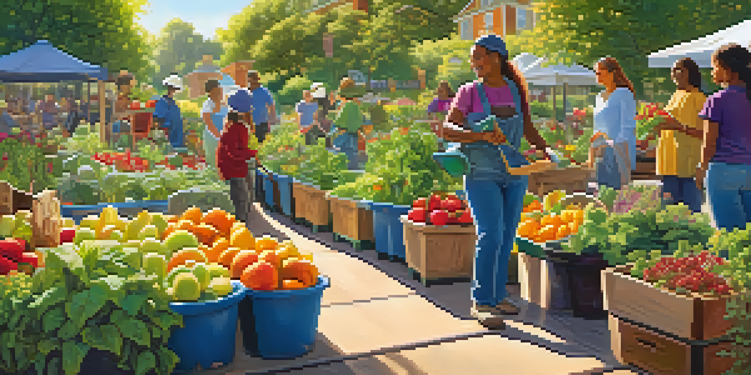 A diverse group of people working together in a community garden, planting and caring for colorful fruits and vegetables under the bright sun.