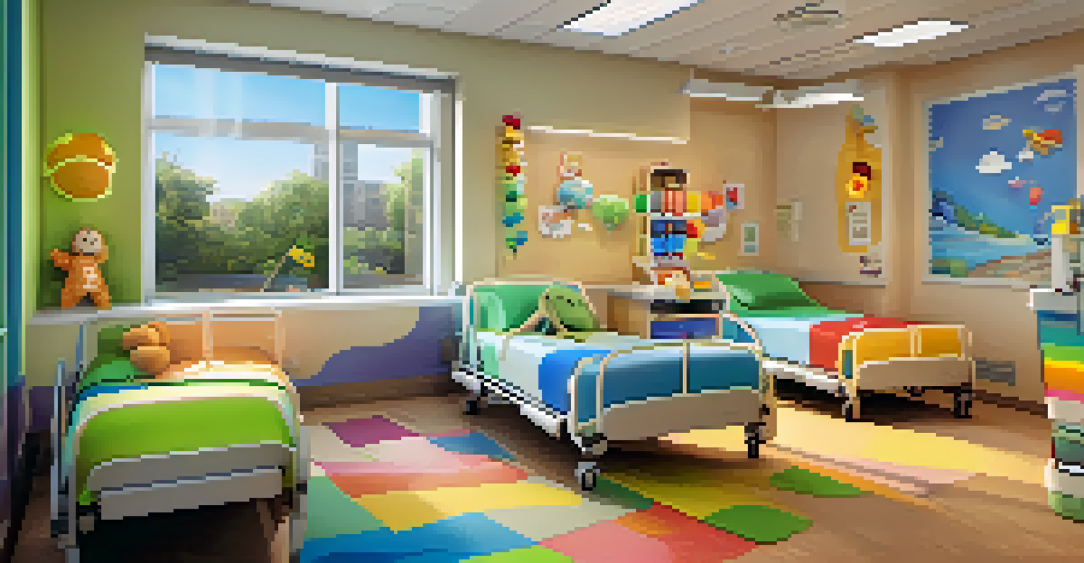 A bright and colorful pediatric hospital room designed for children, featuring playful decorations and a comfortable bed, creating a warm atmosphere.