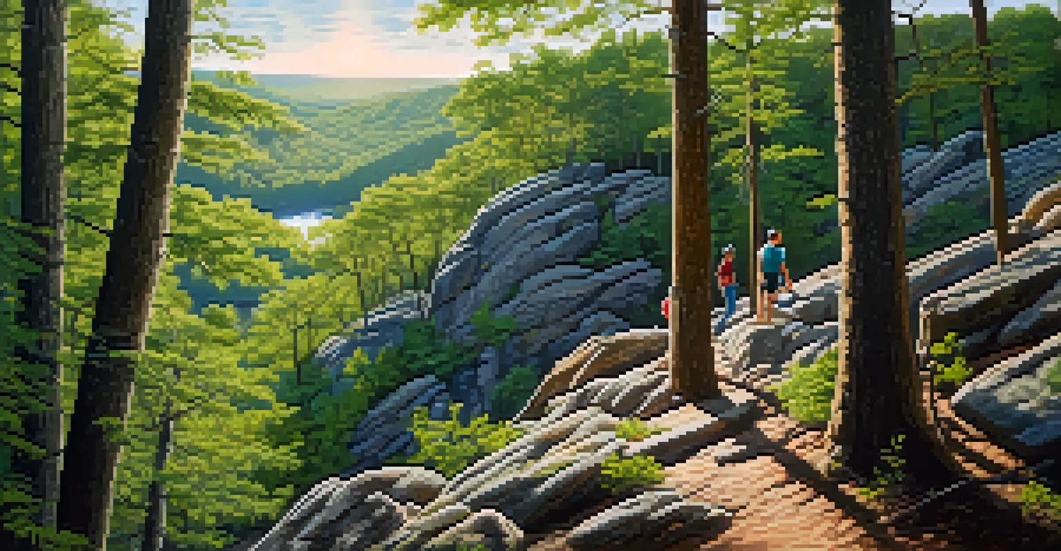 Hikers on a scenic trail at Crowders Mountain State Park, with lush forests and stunning valley views under bright sunlight.