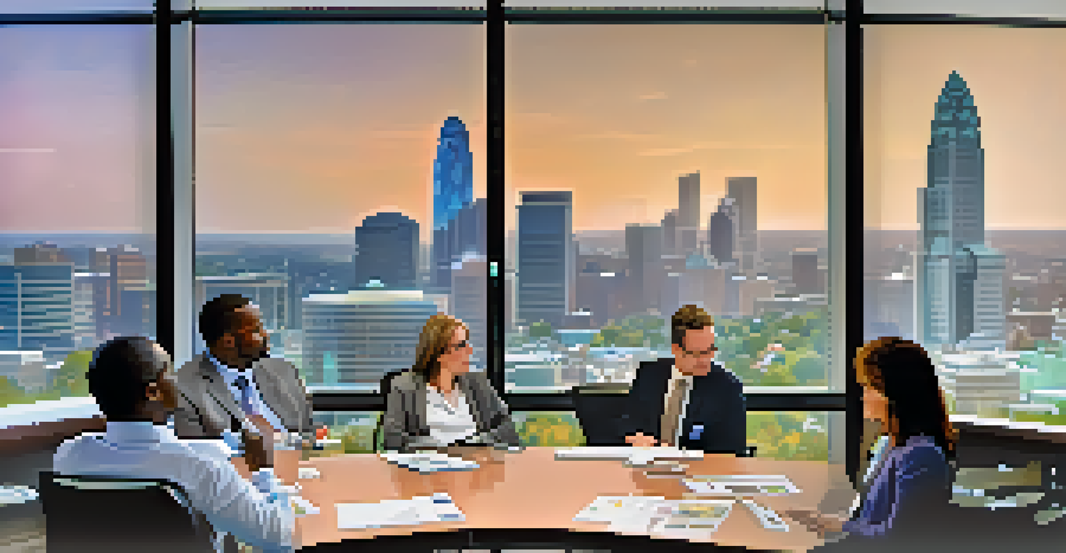 Local business leaders and nonprofit representatives engaged in a collaborative meeting with a view of Charlotte's skyline.
