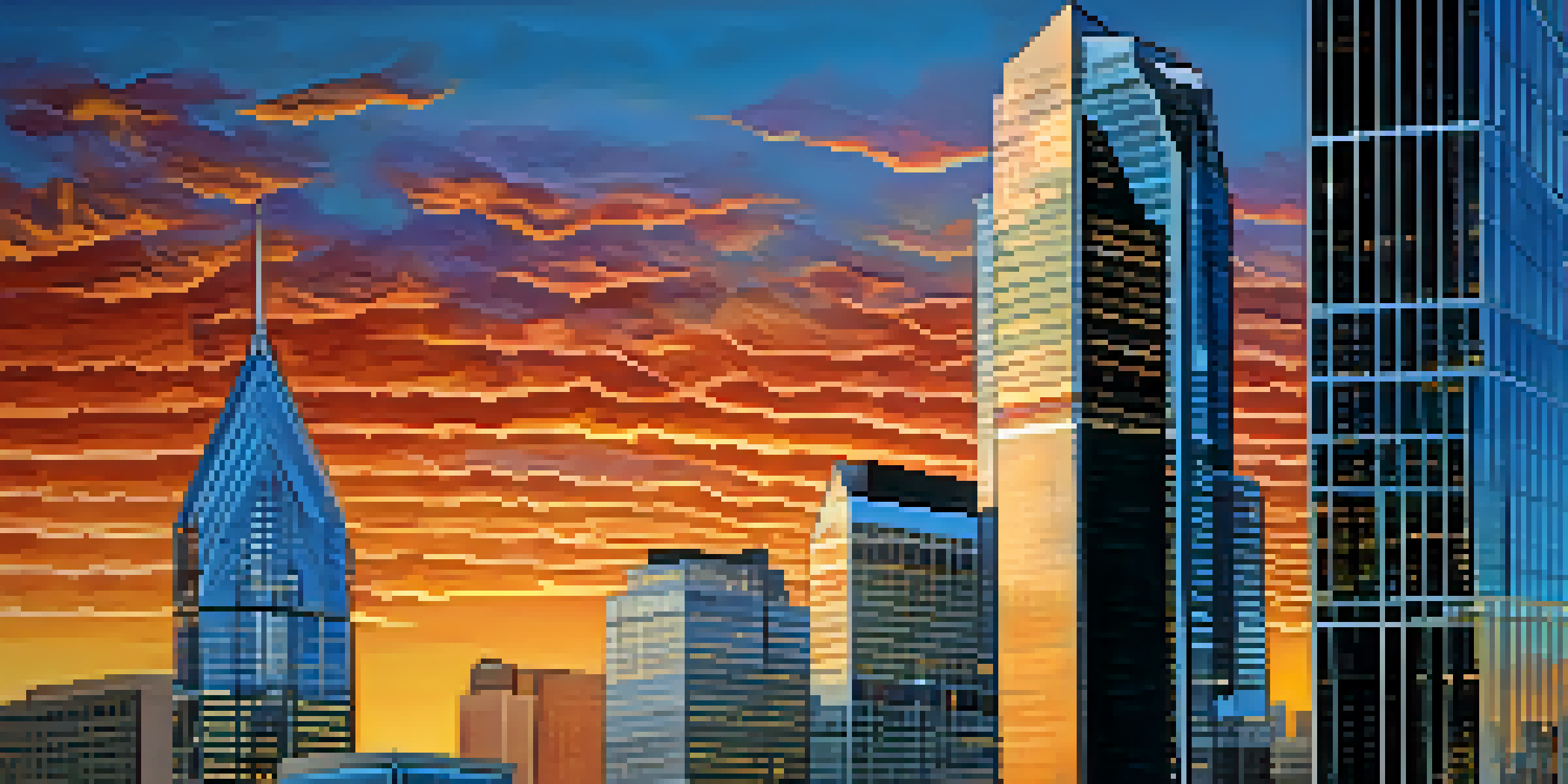 A tall skyscraper with a blue glass facade reflecting the sunset colors, set against the Charlotte skyline.