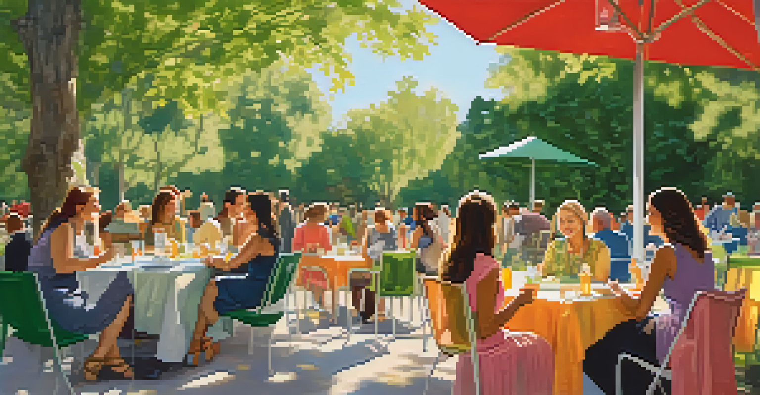 Women networking outdoors in a park, sharing experiences and enjoying refreshments under the sunlight, surrounded by greenery.
