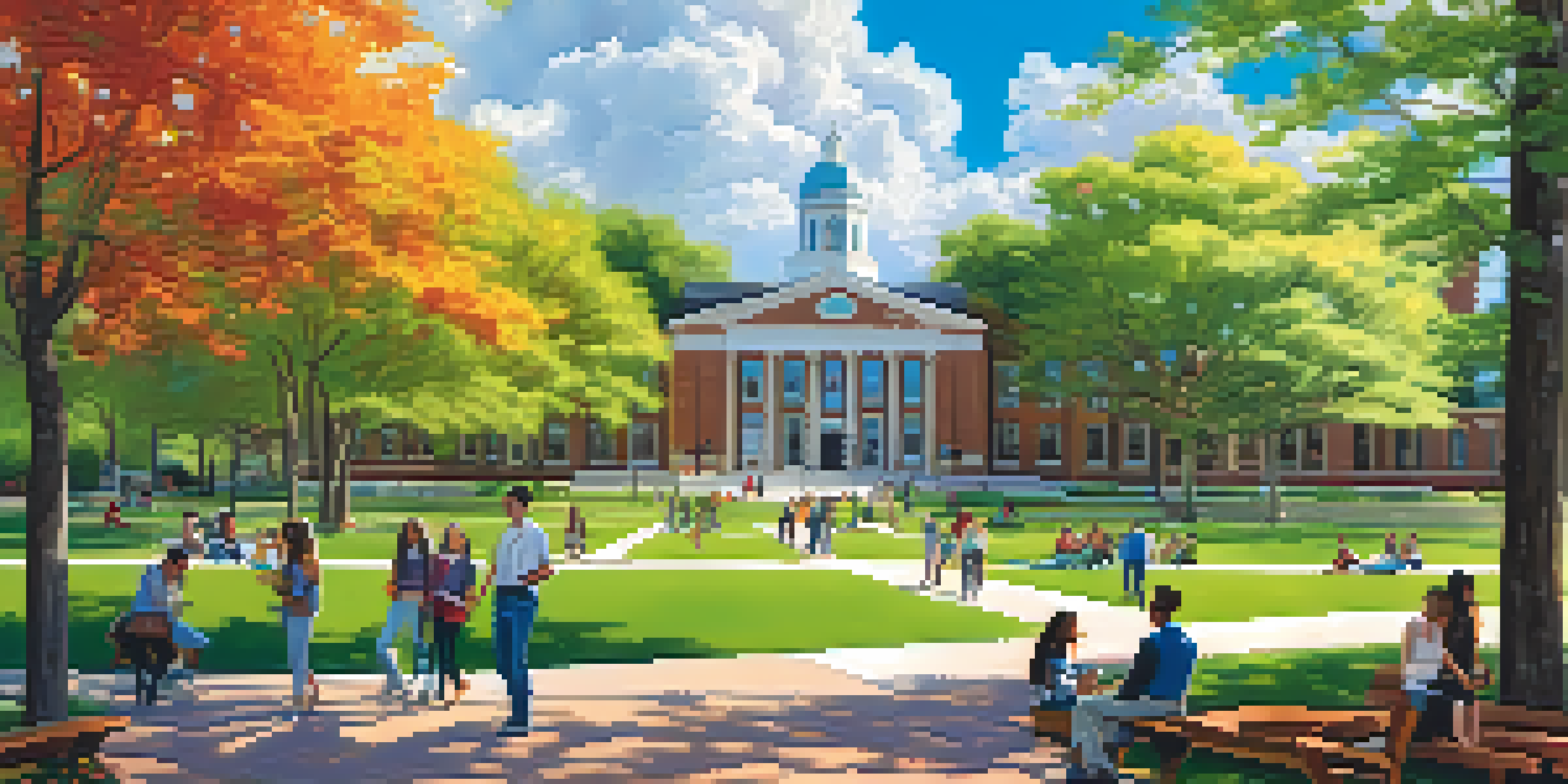 A sunny university campus in Charlotte with students engaged in activities, surrounded by modern buildings and greenery.