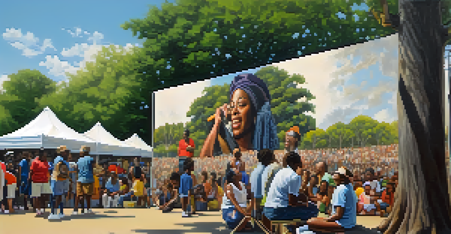 An artist painting a mural at the African American Heritage Festival, surrounded by attendees enjoying the event and engaging with the artwork.