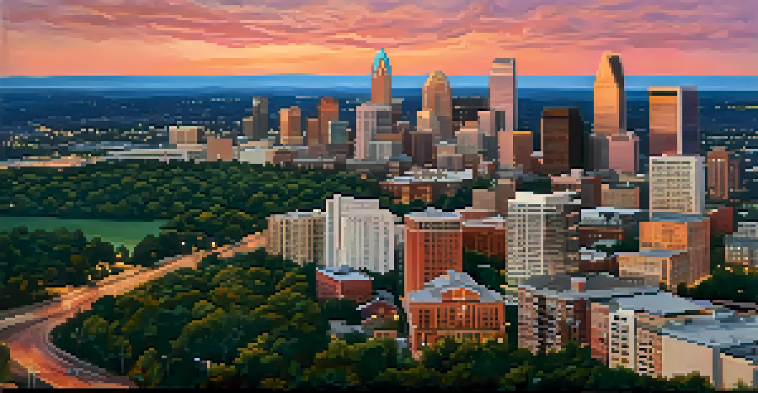 Aerial view of Charlotte's skyline at sunset, showing skyscrapers and residential areas with warm sky colors.