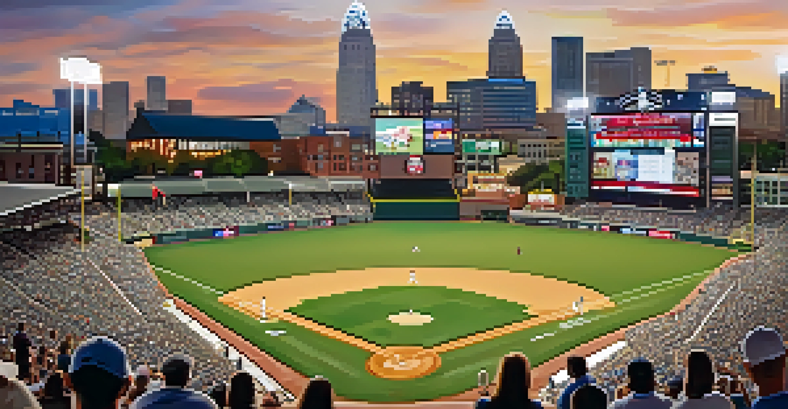 A sunset view of BB&T Ballpark with the Charlotte skyline, showing families enjoying a baseball game.