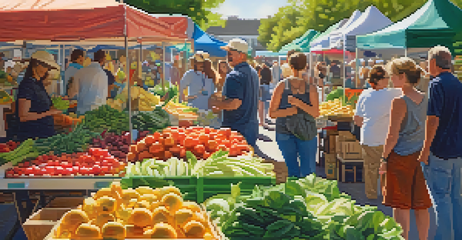 A close-up of a farmers market in Charlotte with colorful stalls, fresh produce, and people enjoying the community atmosphere.