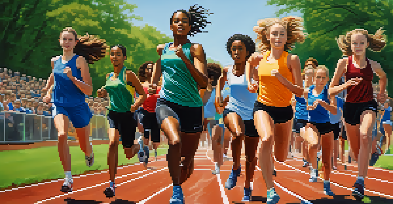 A group of diverse high school athletes training on a track field, with a young female runner sprinting and a supportive coach in the background.