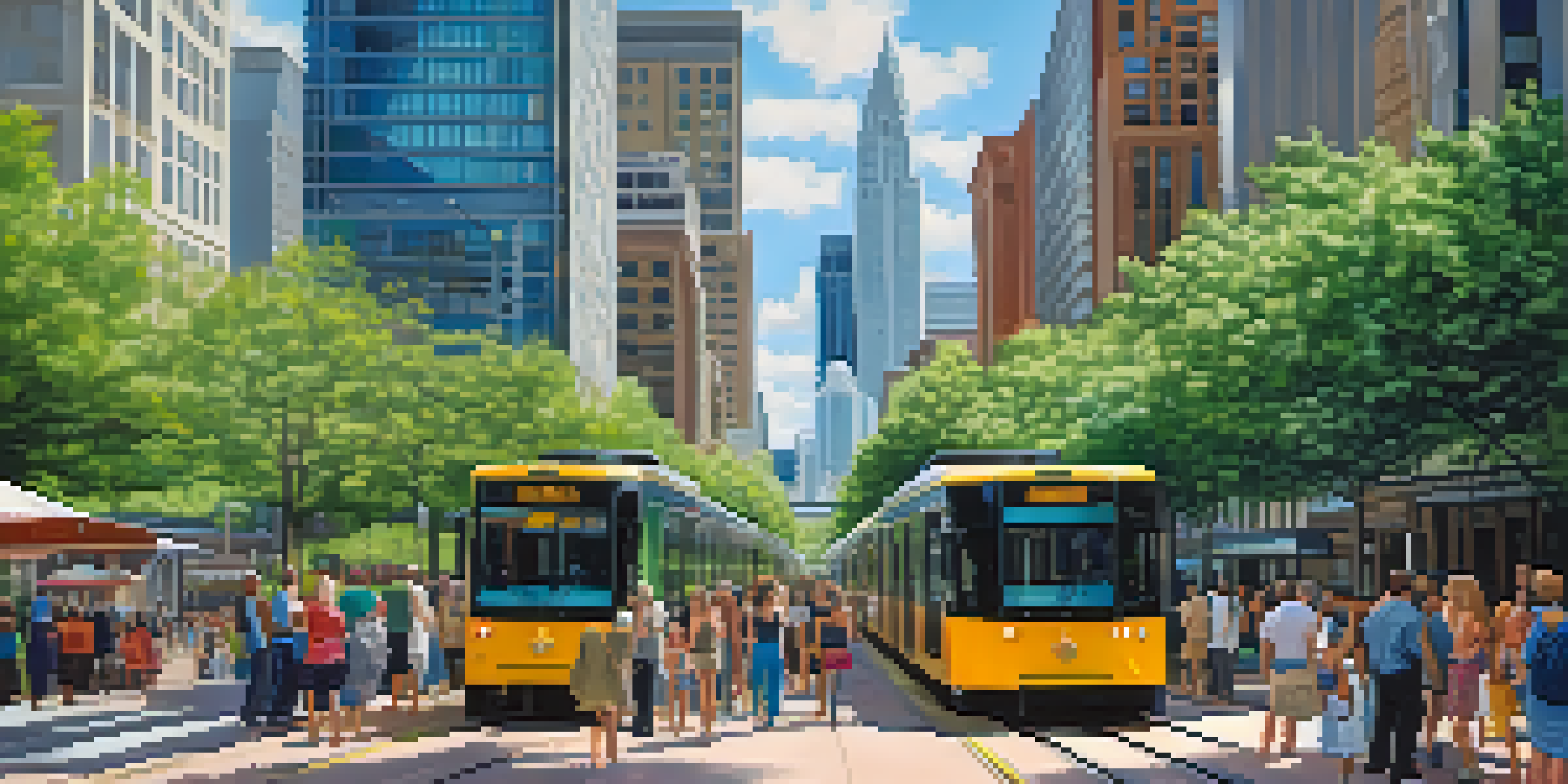 A vibrant urban landscape of Charlotte with modern buildings, diverse people walking, and public transportation in view.