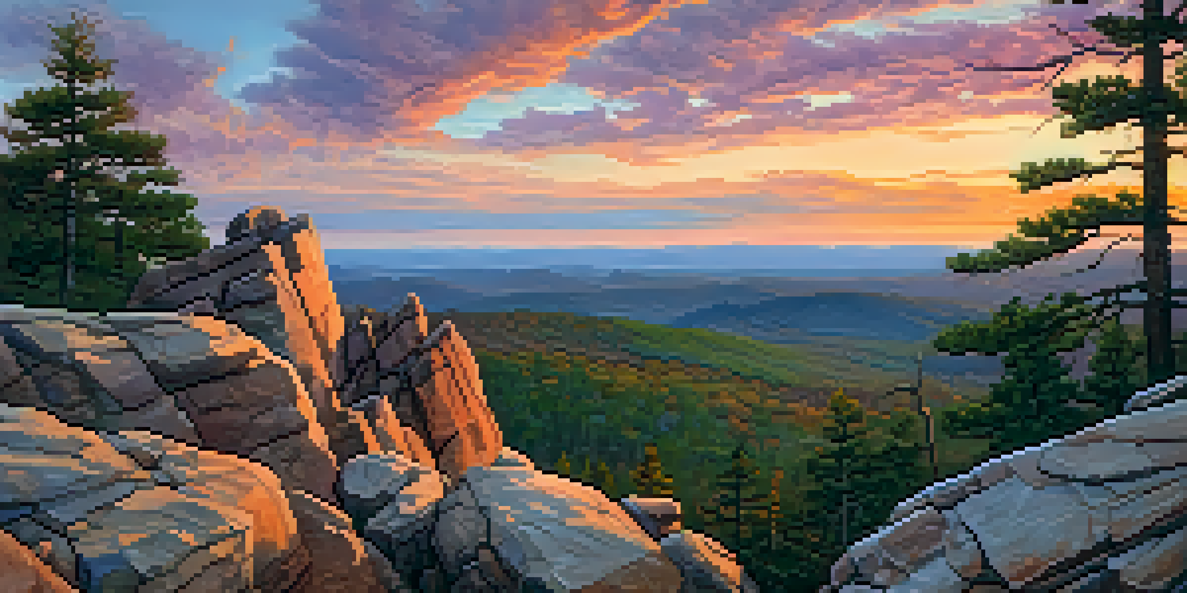 A panoramic view from the top of Crowders Mountain during sunset, with vibrant colors in the sky and rocky foreground.