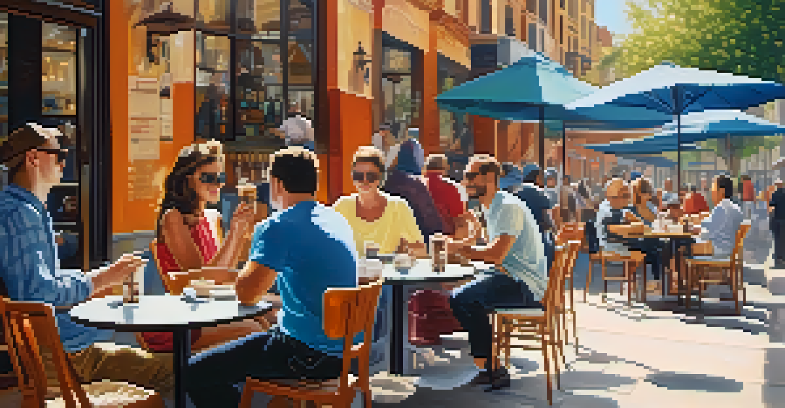 A lively outdoor café with people enjoying coffee at small tables, set against a colorful mural in bright sunlight.