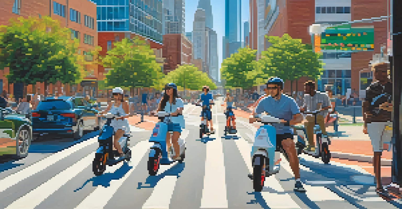 Commuters riding electric scooters and bikes on a dedicated lane in Charlotte, with colorful buildings in the background.
