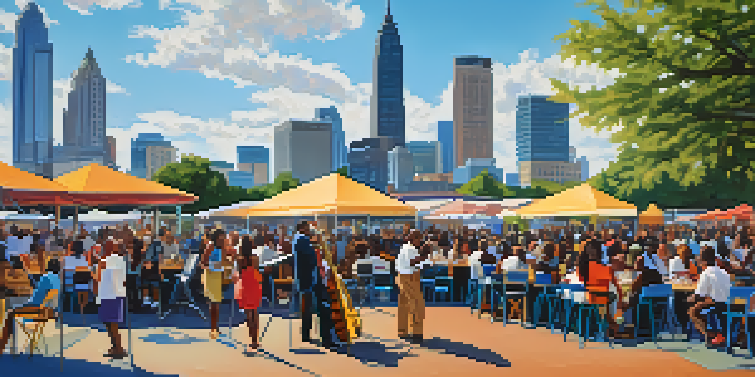 A lively outdoor jazz festival scene with a diverse crowd enjoying music, food trucks, and the Charlotte skyline in the background.