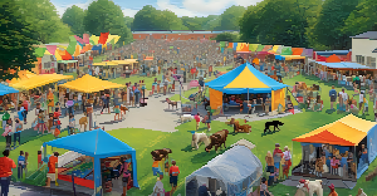 A lively community event at a no-kill shelter featuring families, children, and various animals, with colorful tents and festive banners.