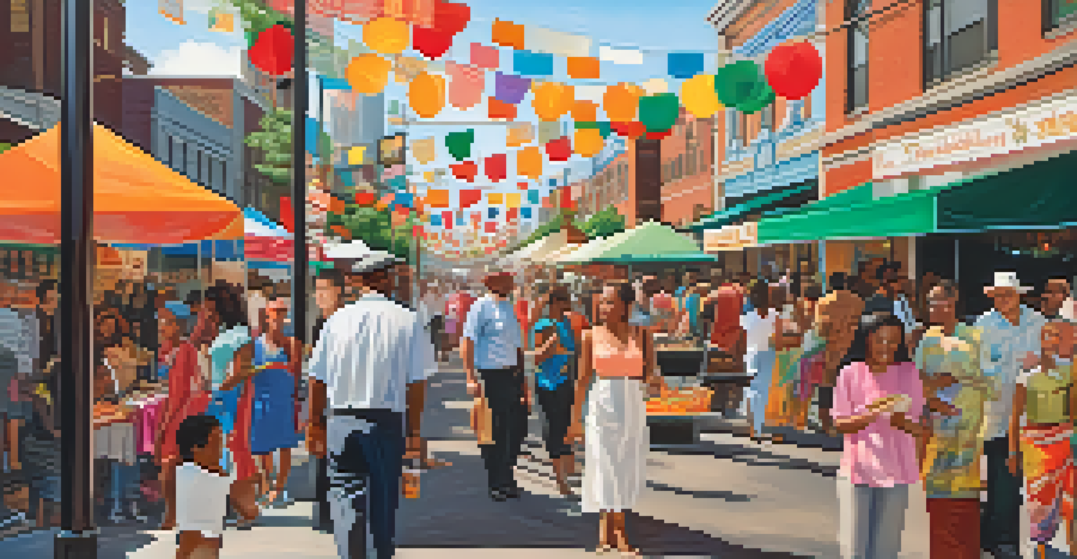 A lively street festival in modern Charlotte, showcasing cultural diversity with people enjoying food, music, and art under colorful banners.