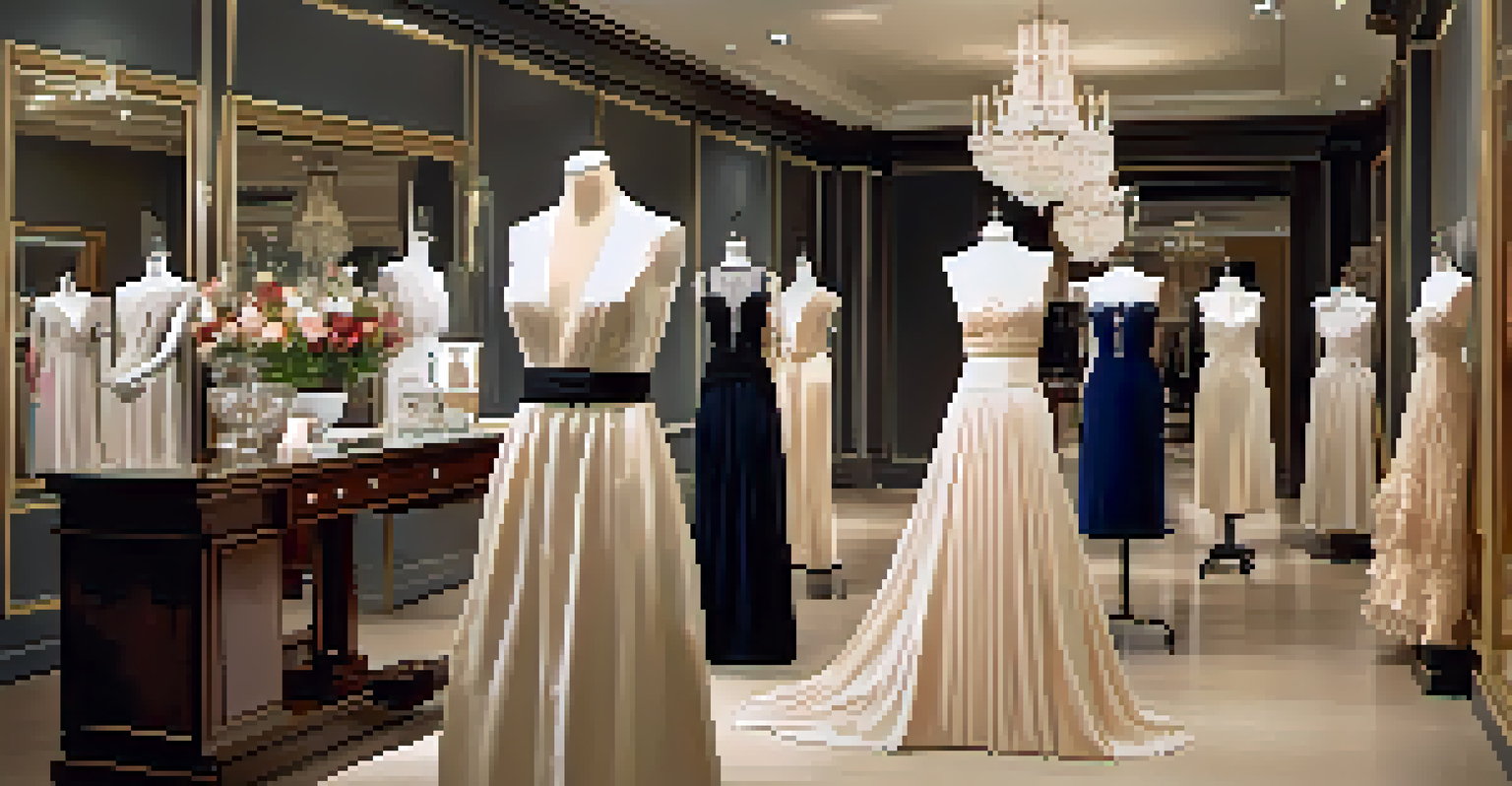 An elegant boutique interior with sophisticated dresses and accessories on display.