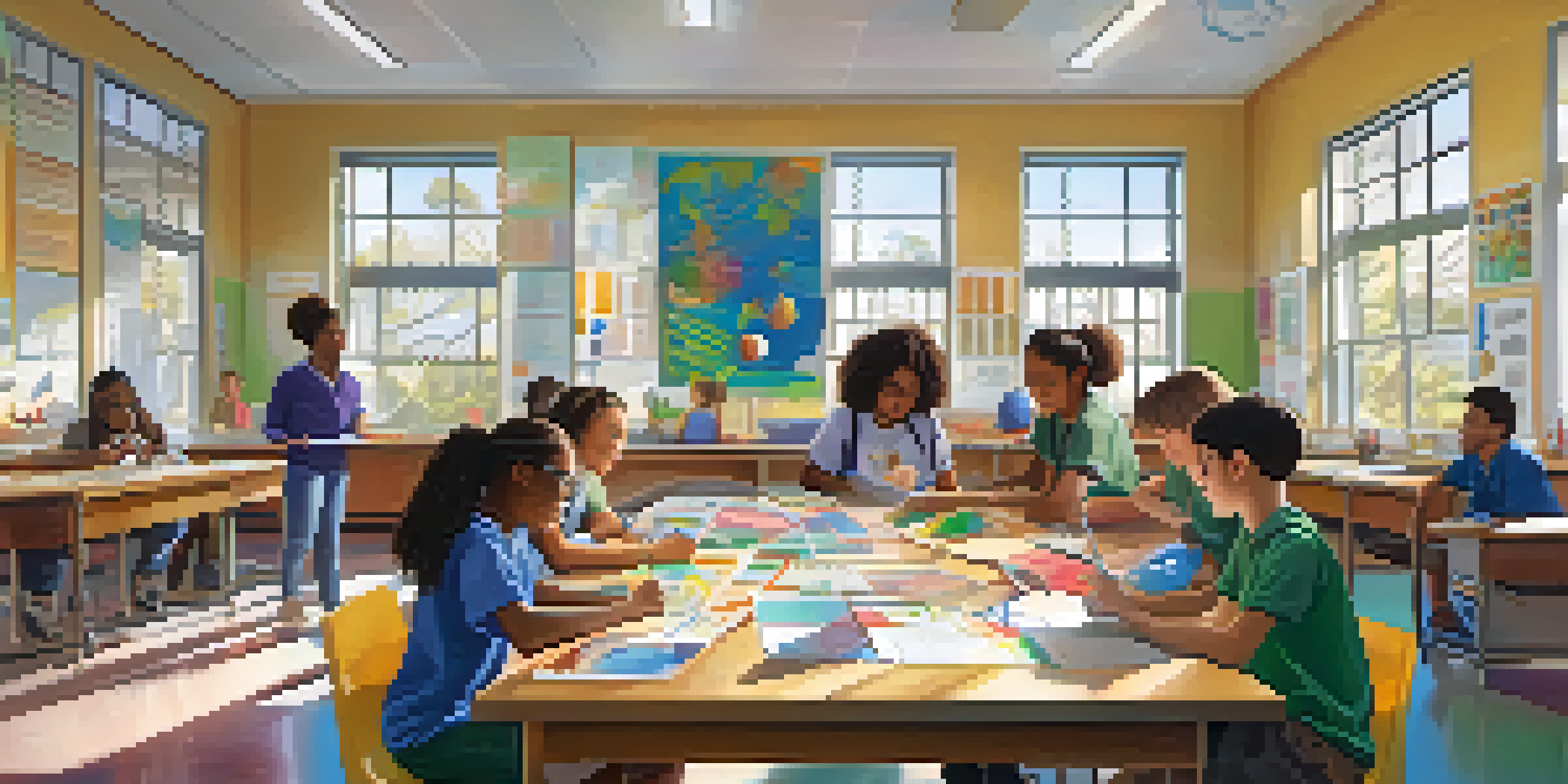 A diverse group of students collaborating in a colorful classroom while working on a project together.