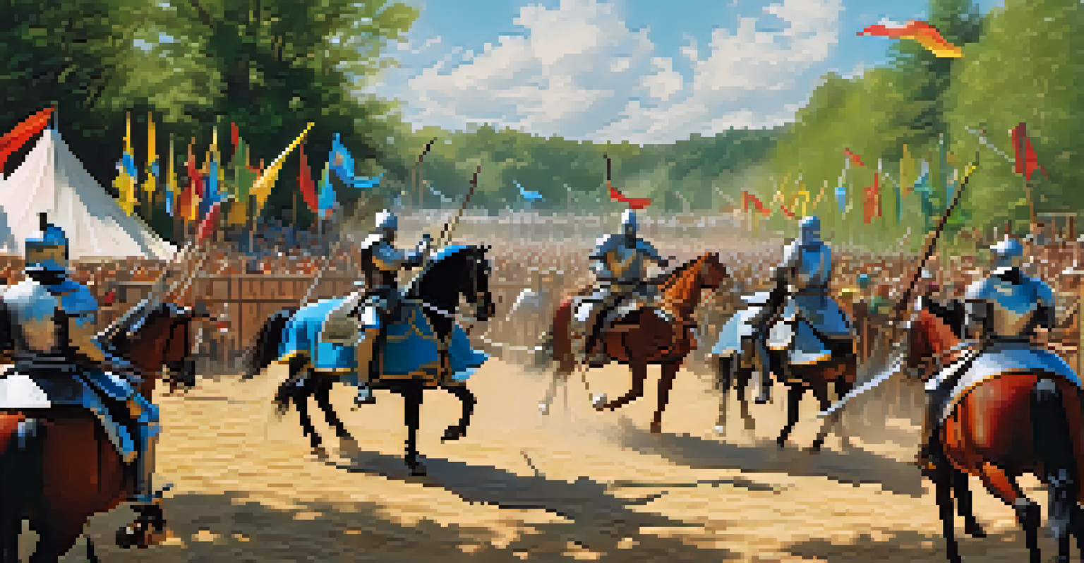 A thrilling jousting match at the Carolina Renaissance Festival with knights on horseback and an enthusiastic crowd in the background.