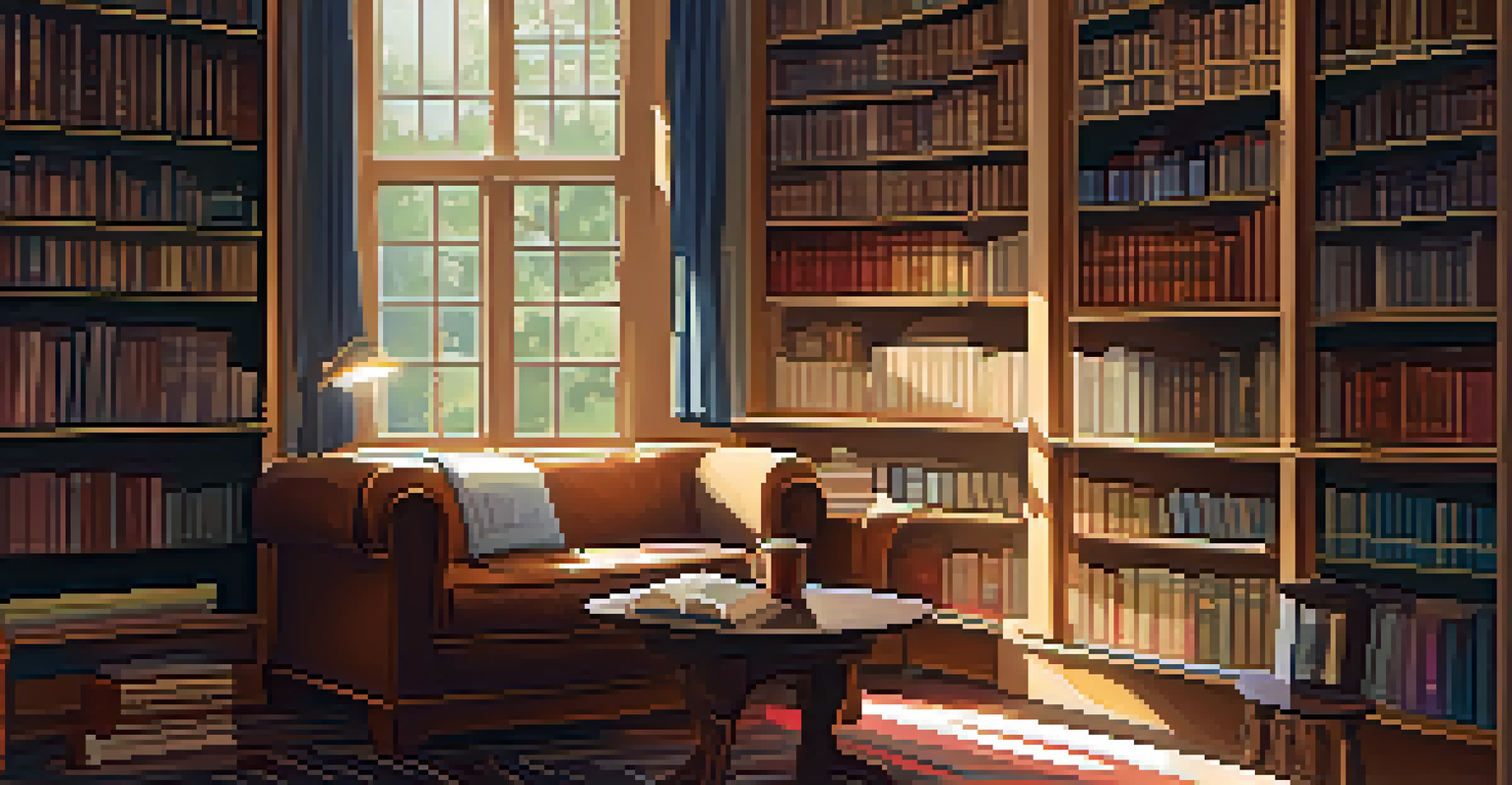 A cozy bookstore interior with bookshelves, a reading nook, and a cup of coffee on a table.