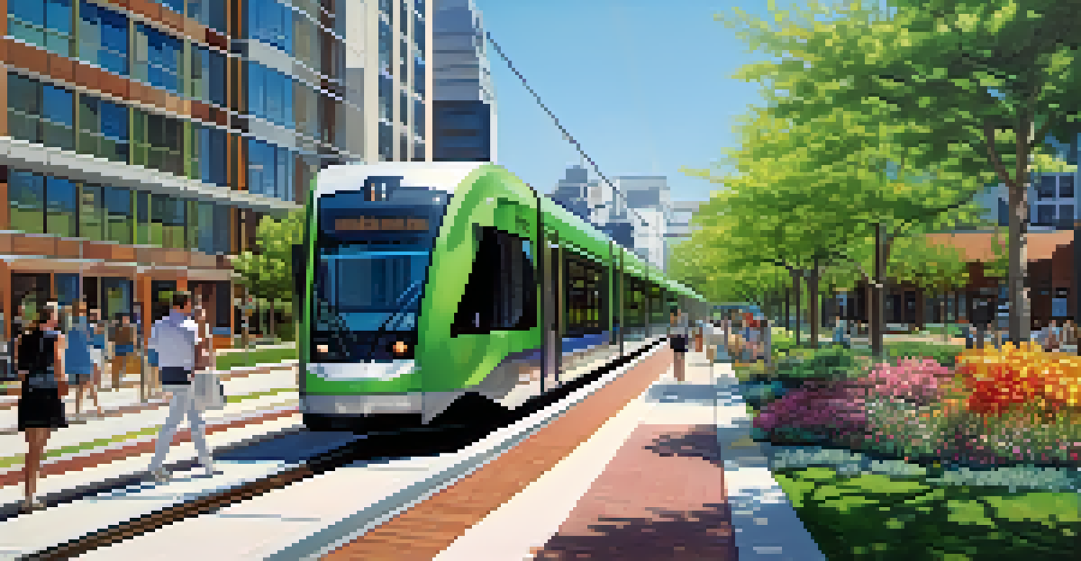 A modern light rail train in Charlotte's urban landscape with parks, contemporary buildings, and pedestrians on a sunny day.